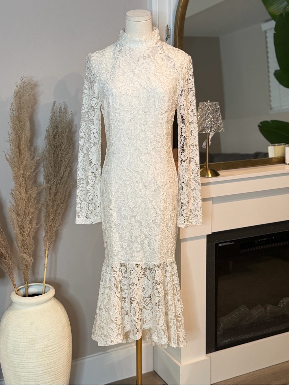 PrettyLittleThing Cream Floral Lace High Neck Long Sleeve Dress
